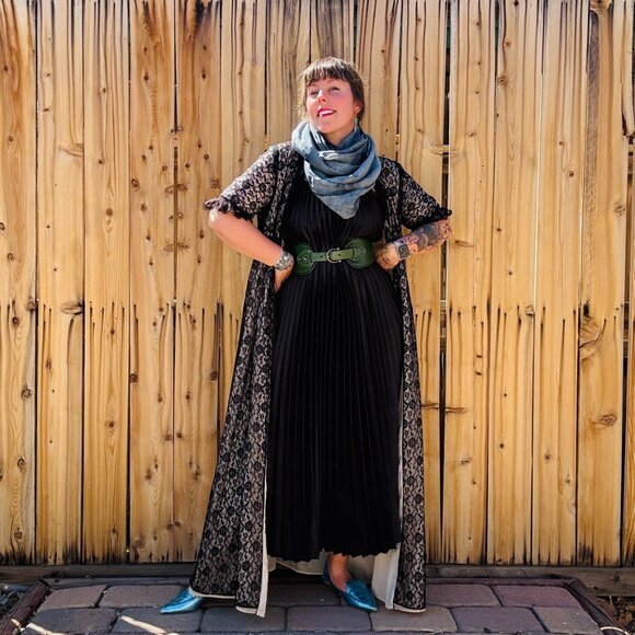 Vintage Peignoir Robe 60s Marilyn Black Floral Lace Peignoir Lingerie Robe | M/L - Picture 4 of 17